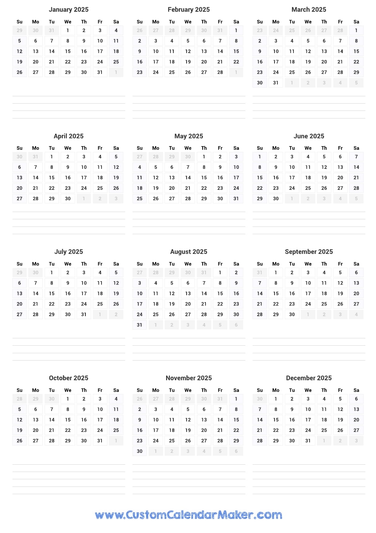 12 Months Of 2025 Year Calendar