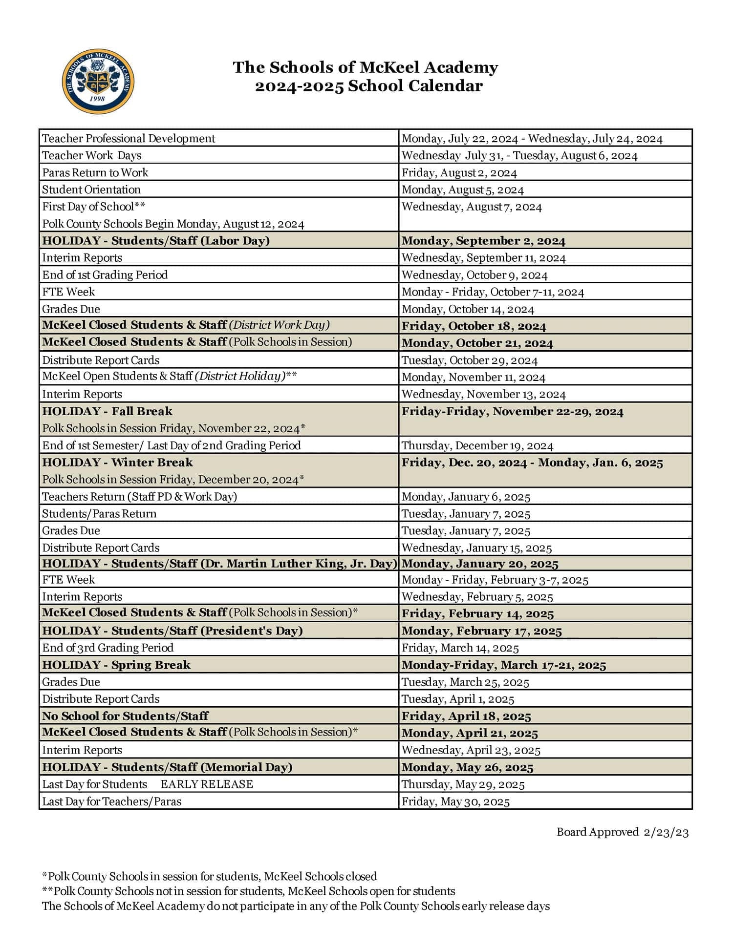 2024-2025 Polk County School Calendar Dates Released