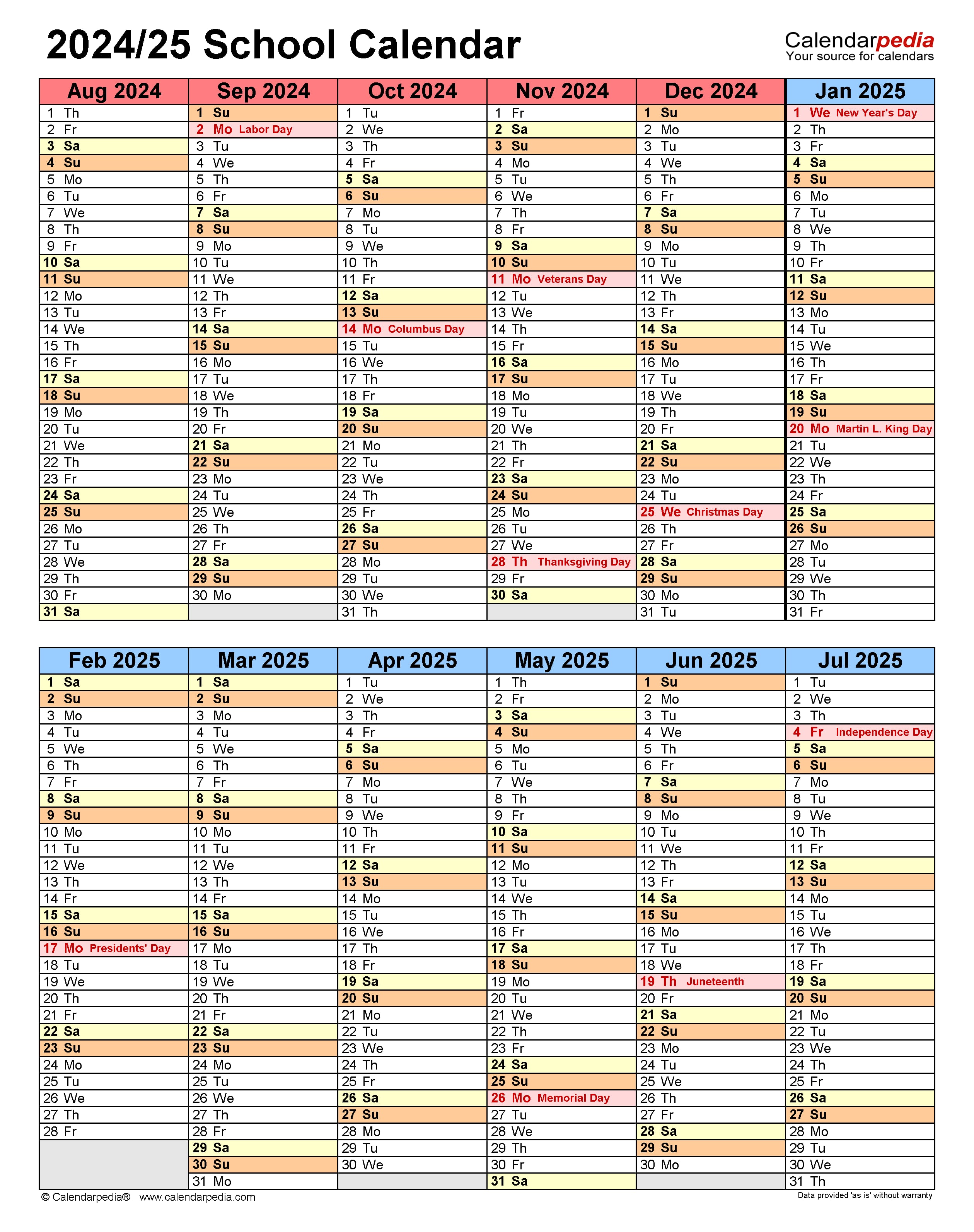 2024-2025 School Calendar With Holidays Printable