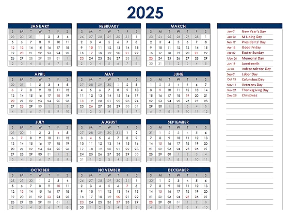 2025 Excel Calendar With Holidays Template Download