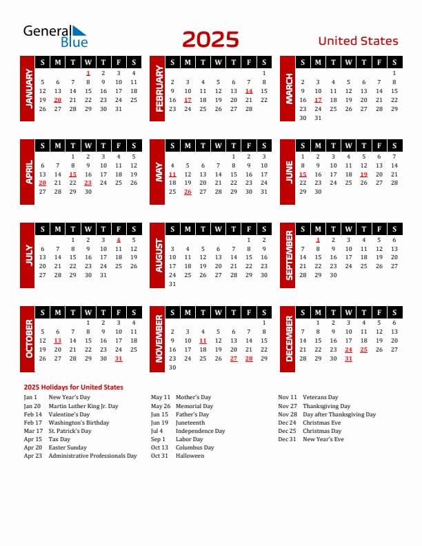 2025 Us Calendar With Holidays Printable Download