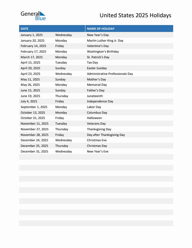 2025 Us Holidays Calendar Dates And Celebrations