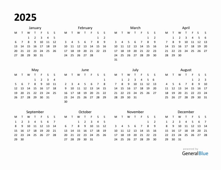 2025 Year Calendar Starting Monday