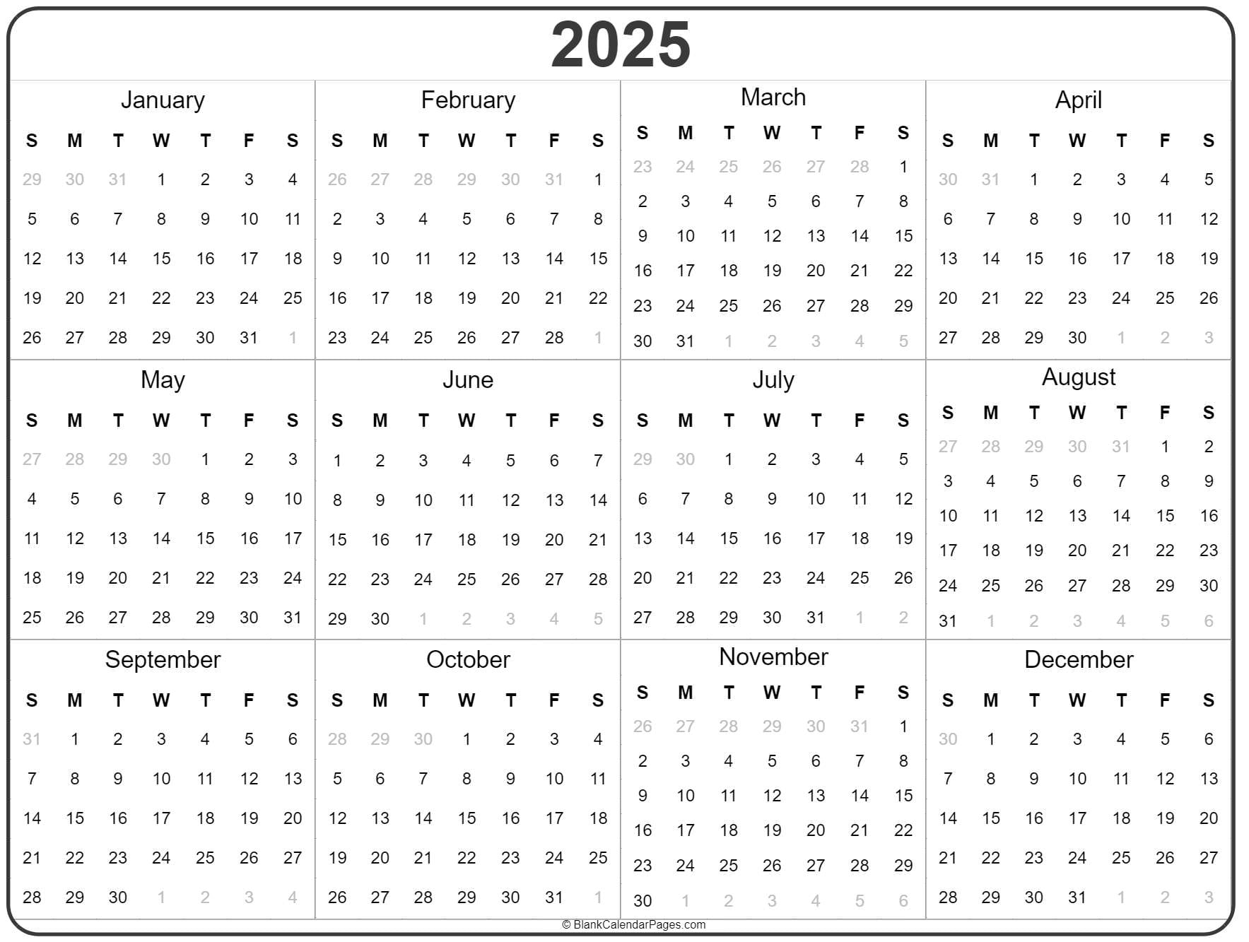 2025 Year Calendar Template