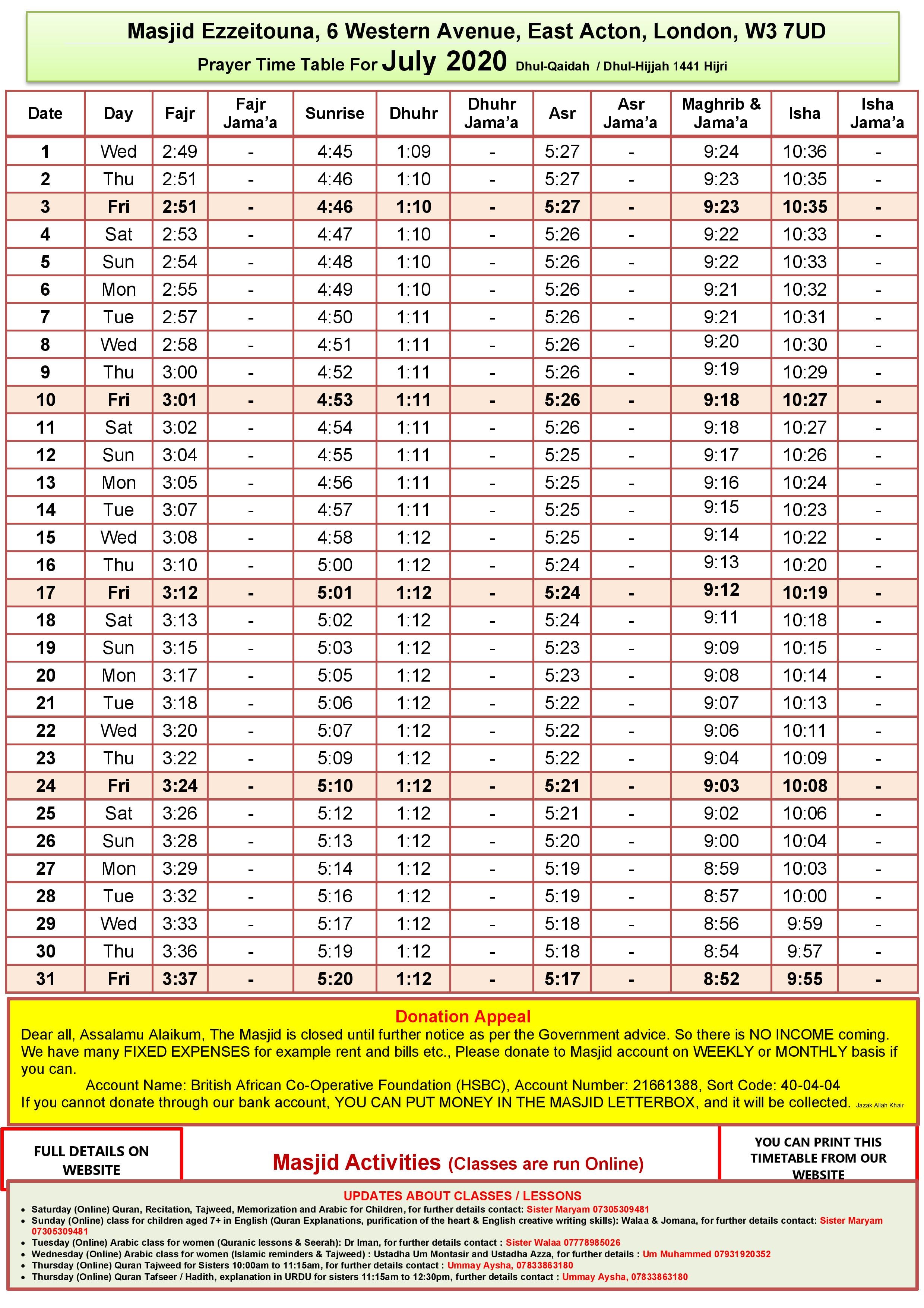 Prayer Timetable