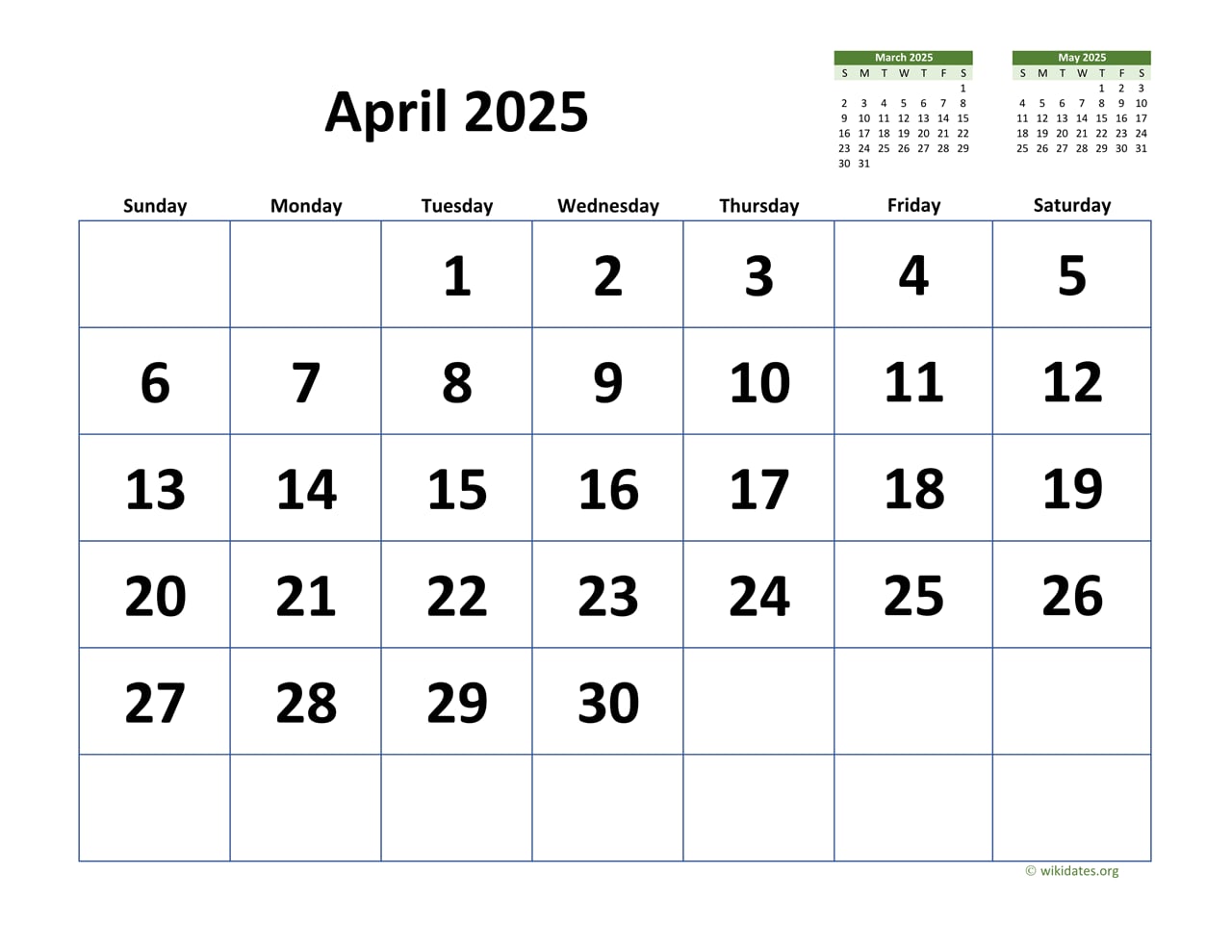 April 2025 Calendar Dates