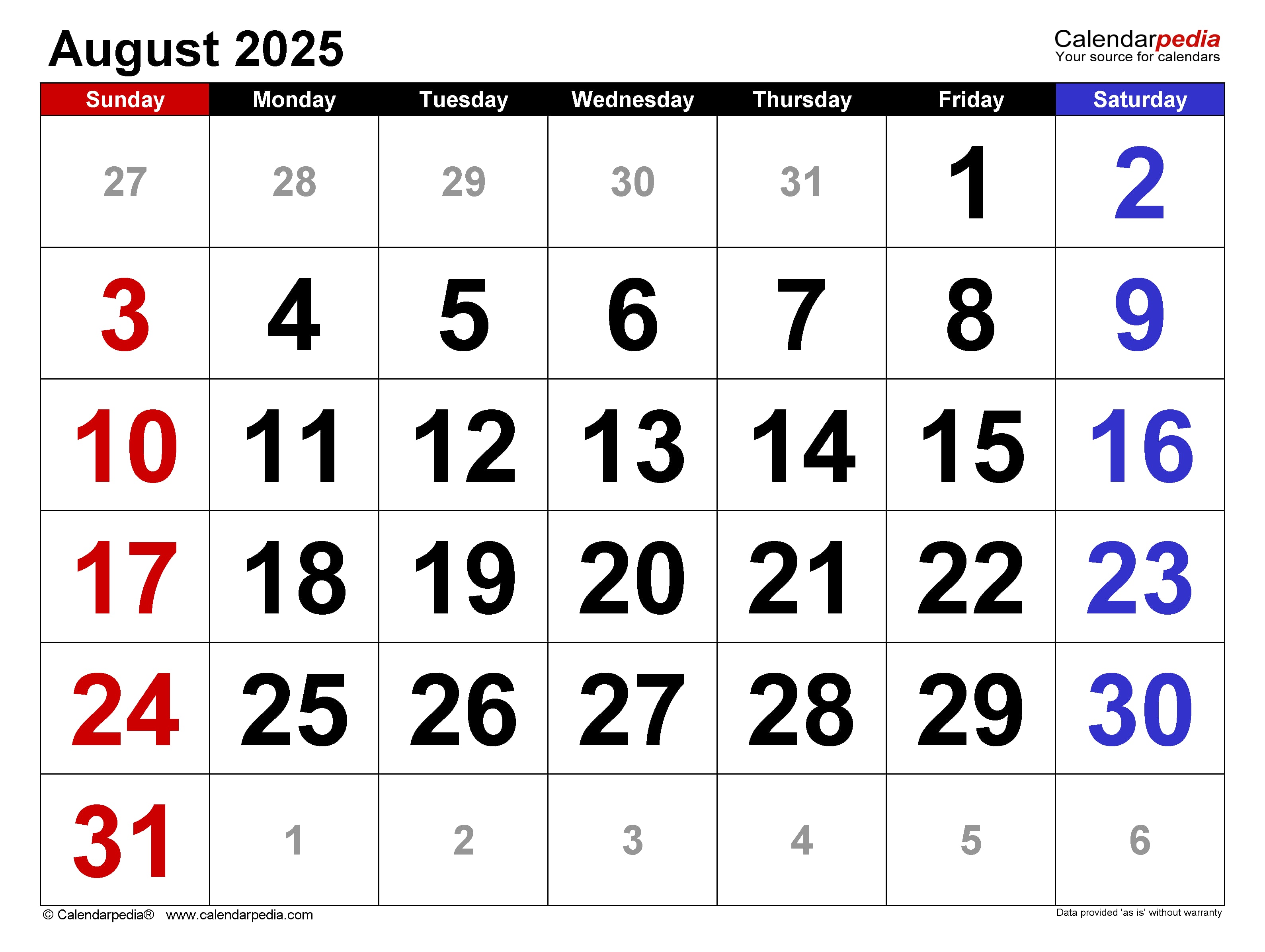 August 2025 Calendar Template 1