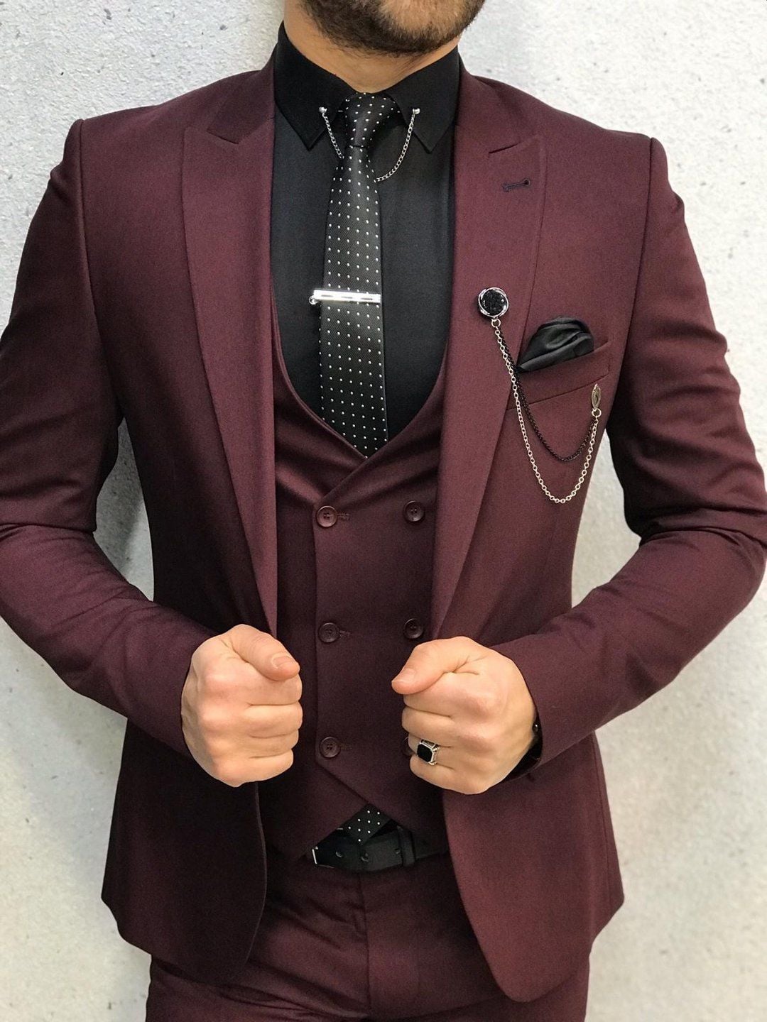 Burgundy Suit and White Shirt