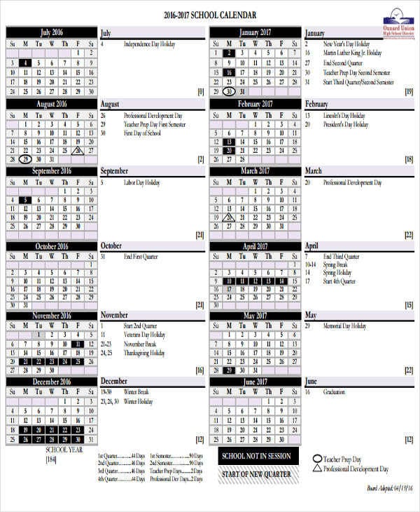 Customizable School Calendar Template