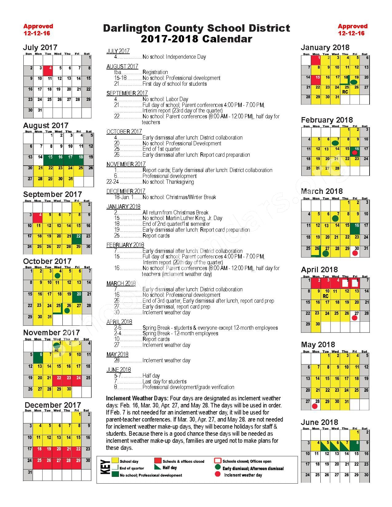 Darlington County School Calendar 2024-2025 Printable Version