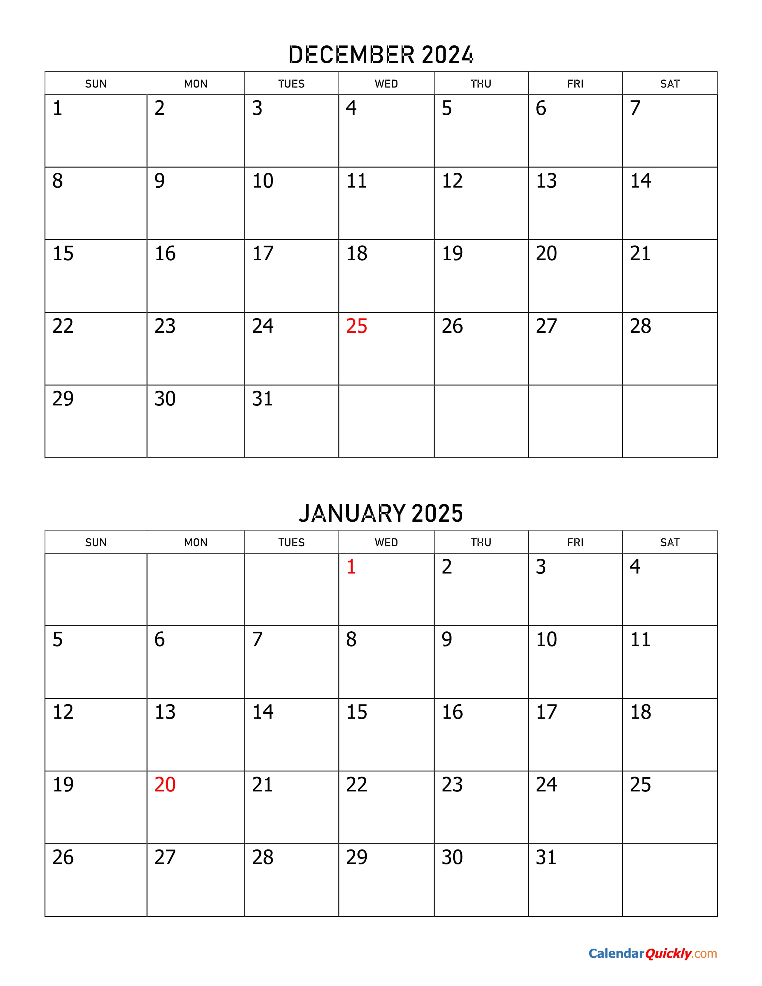 December 2024 To January 2025 Calendar