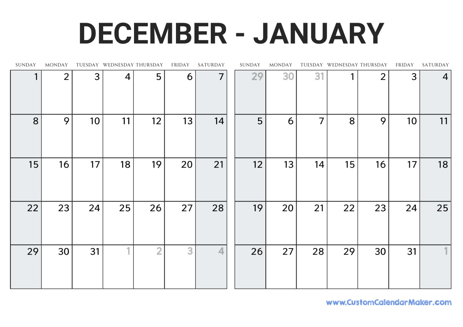 December 2024 January 2025 Calendar