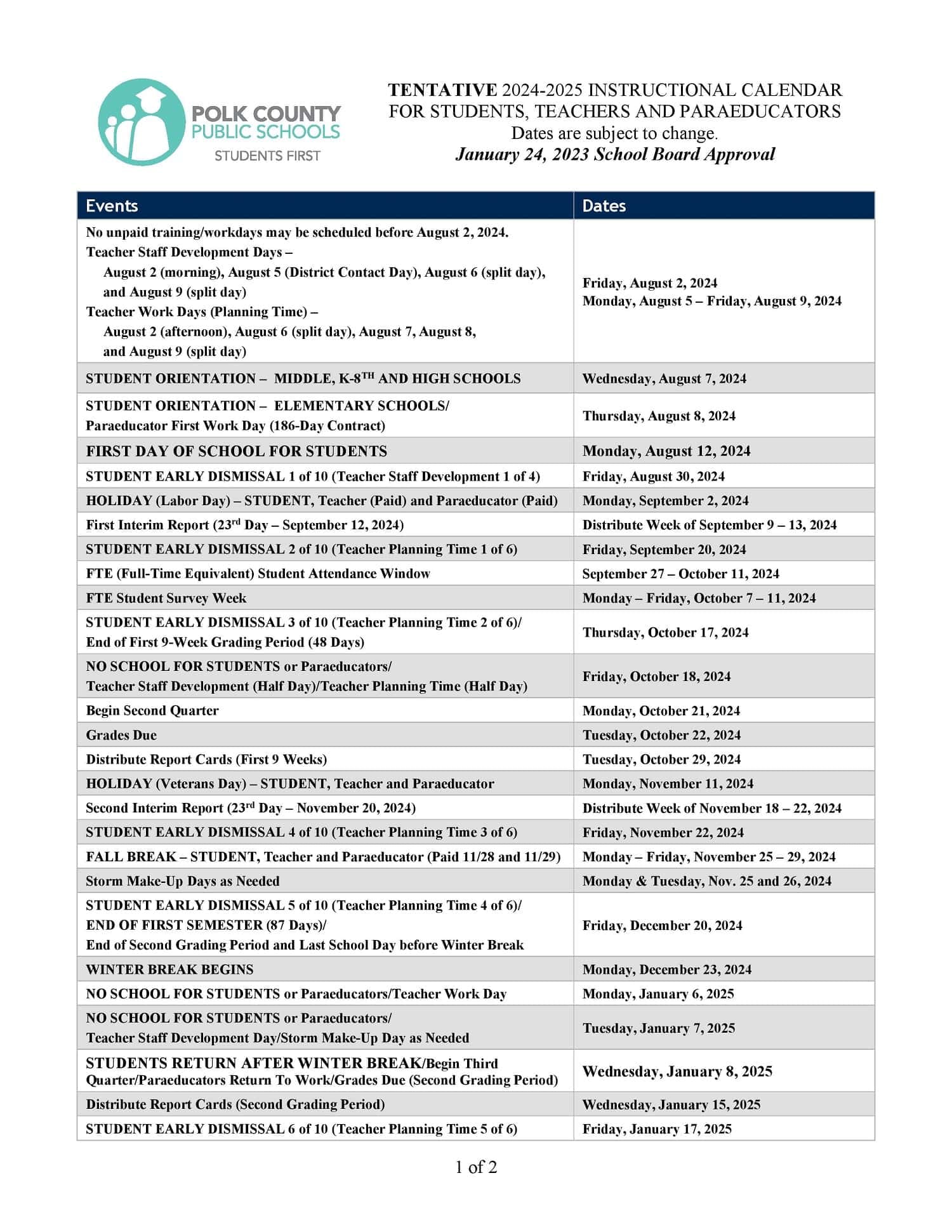 District 87 Calendar 2024-2025