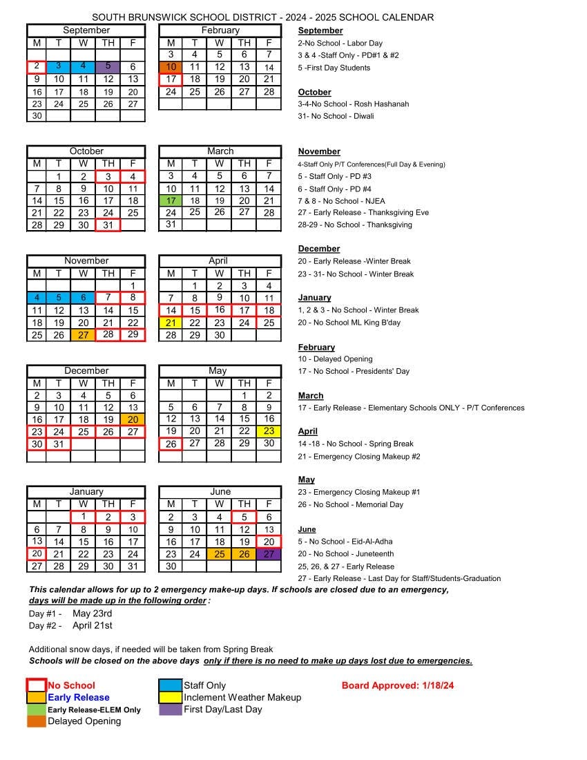 East Brunswick School Calendar 2024-2025 Key Dates