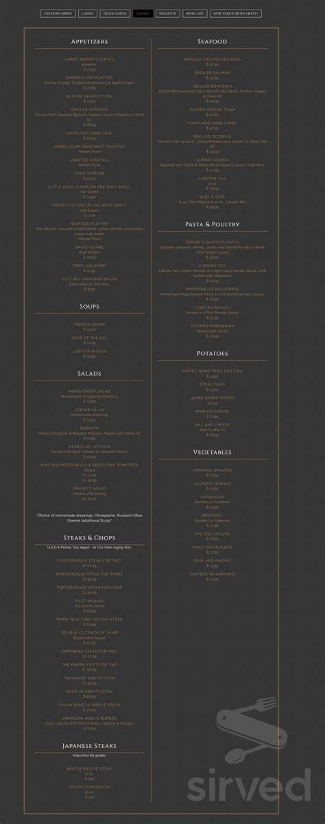 Empire Steak House Menu