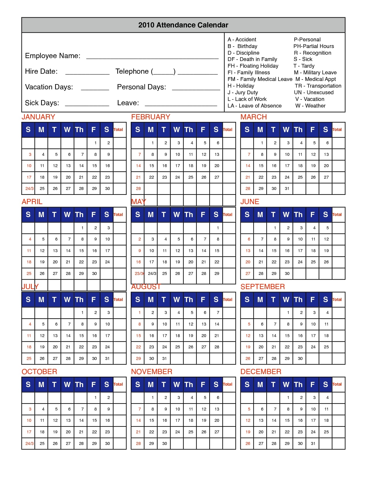 Employee Attendance Calendar Template (PDF)