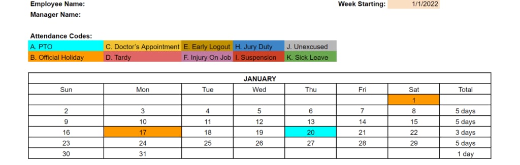 Employee Attendance Calendar Template (Word)