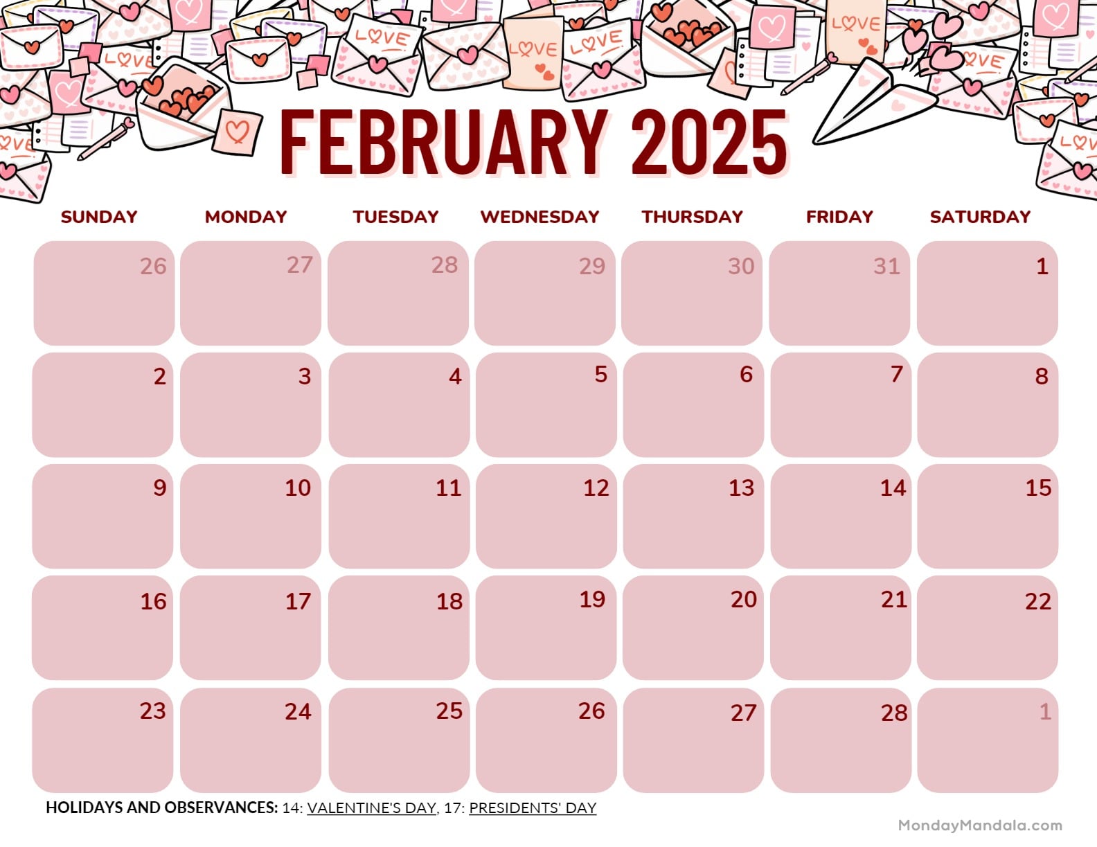 February 2025 Calendar Dates