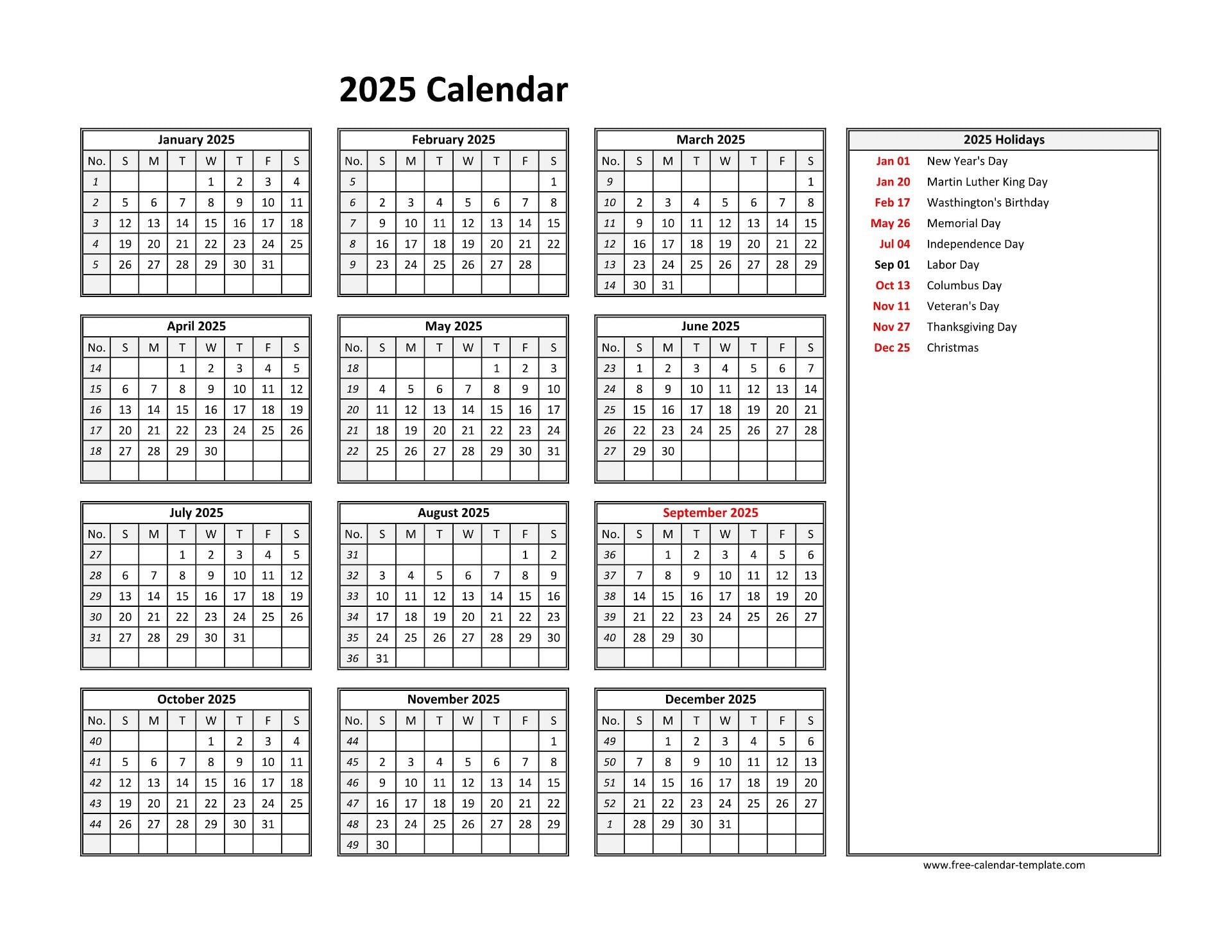 Free Printables for 2025 Yearly Calendar with Holidays