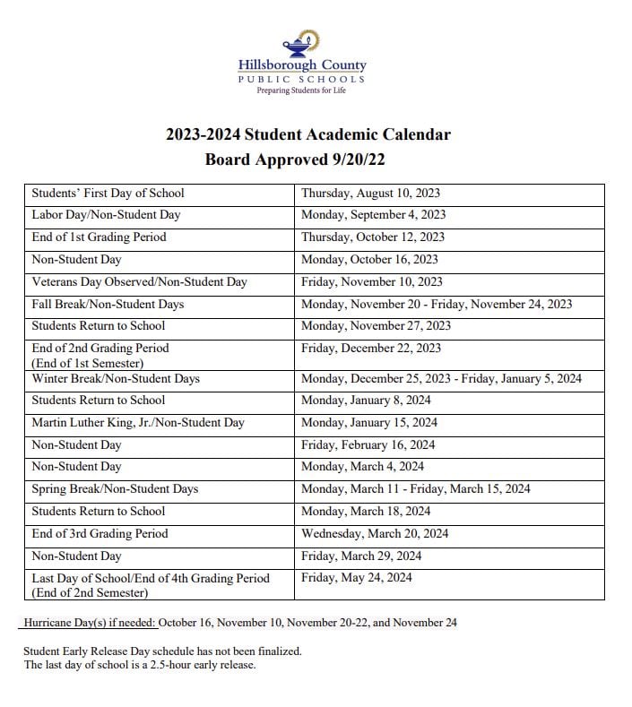 Hillsborough County School Calendar