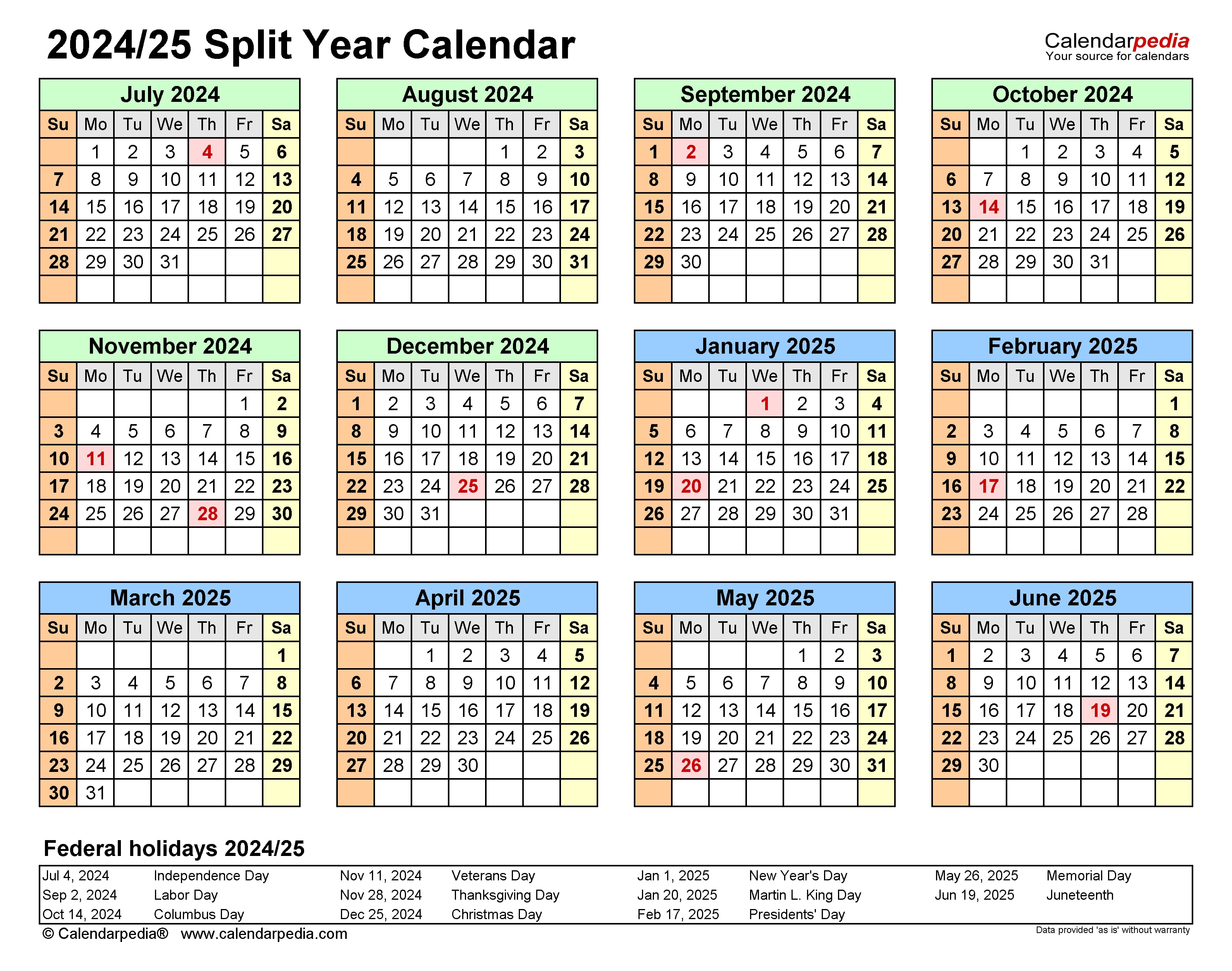 July 2024 to July 2025 Calendar