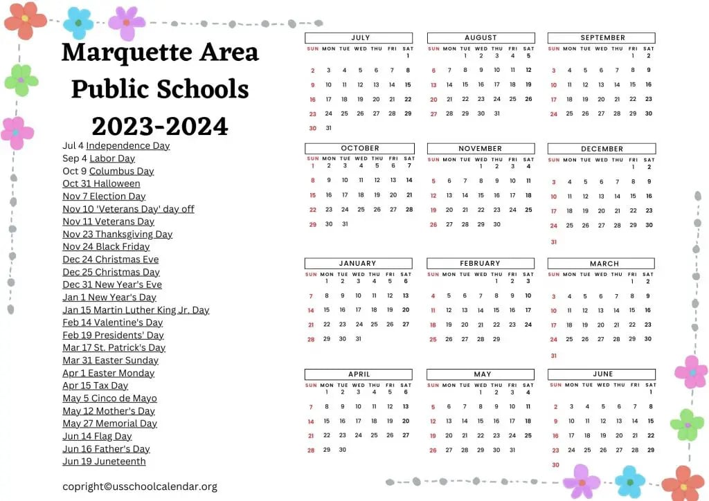 Marquette Area Public Schools 2024-2025 Calendar Guide