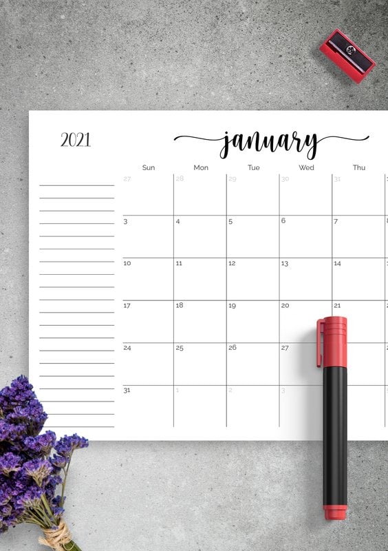 Minimalist Calendar Template with Notes