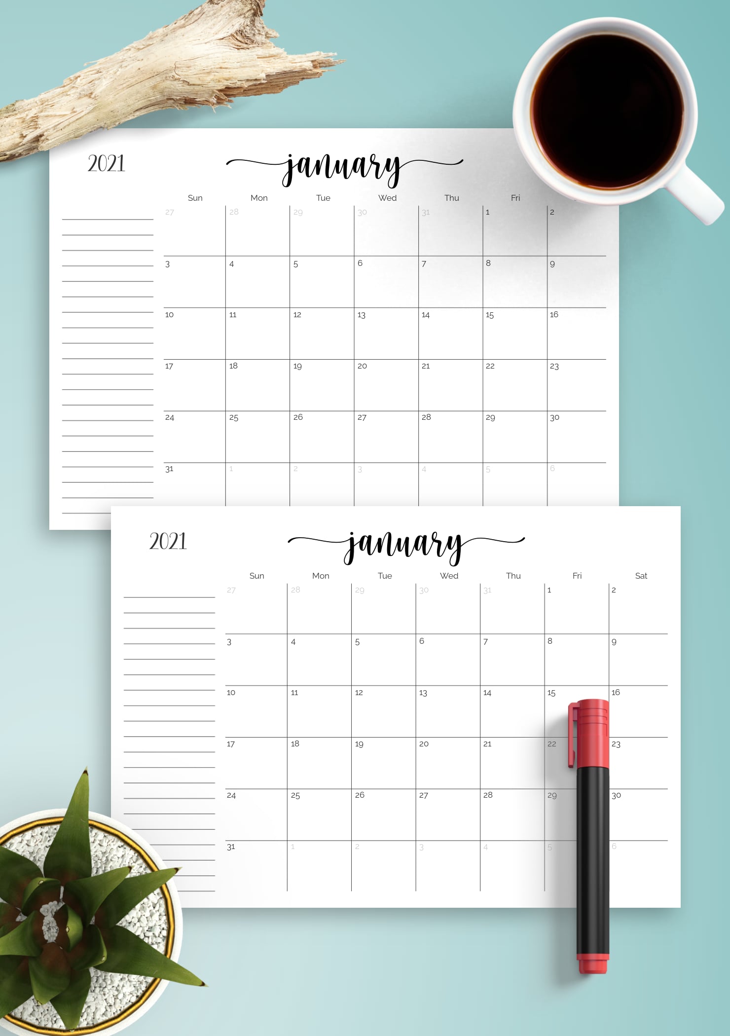 Monthly calendar template with notes