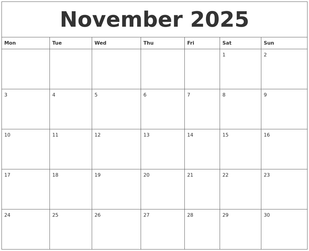 November 2025 Printable Calendar