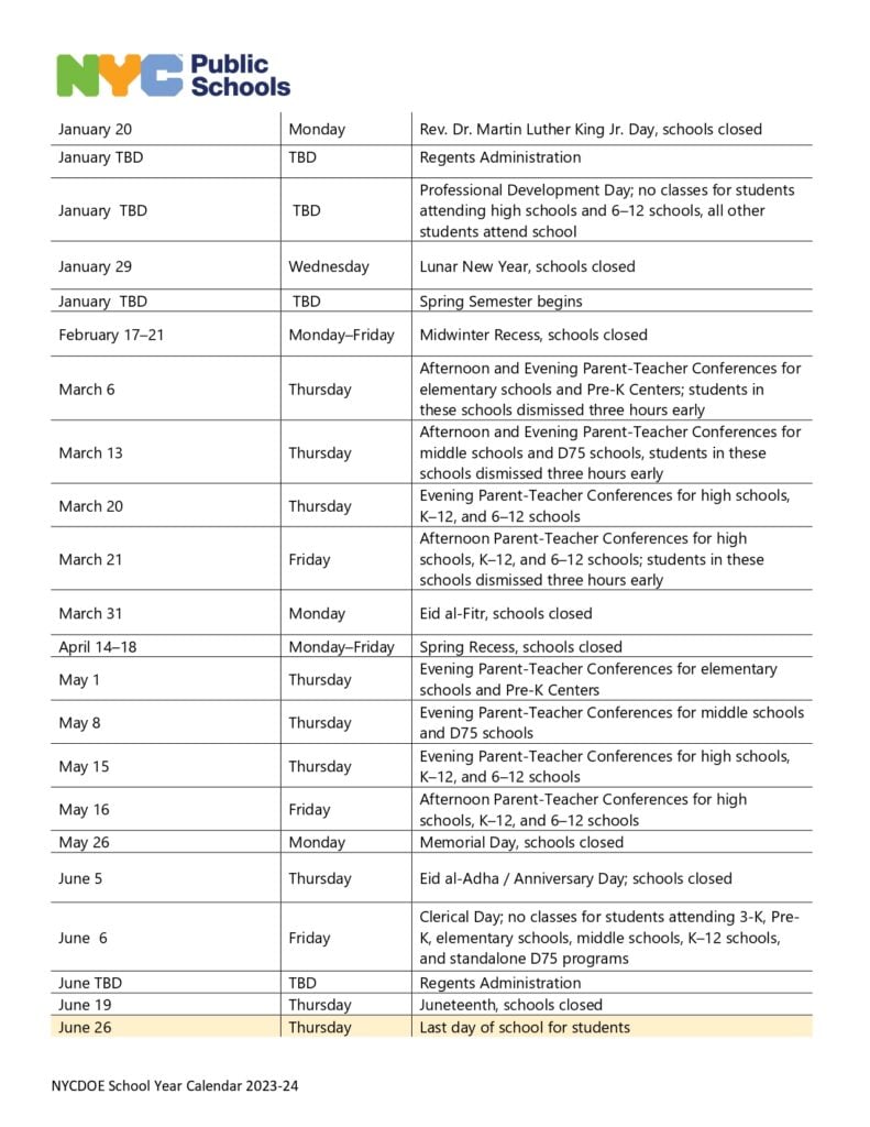 NYC School Calendar 2024-2025