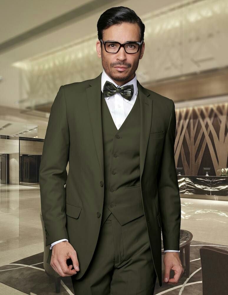 Olive Green Suit and Patterned Shirt