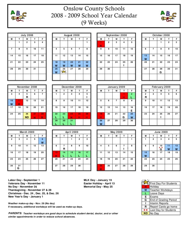 Onslow County School Calendar 2024-2025