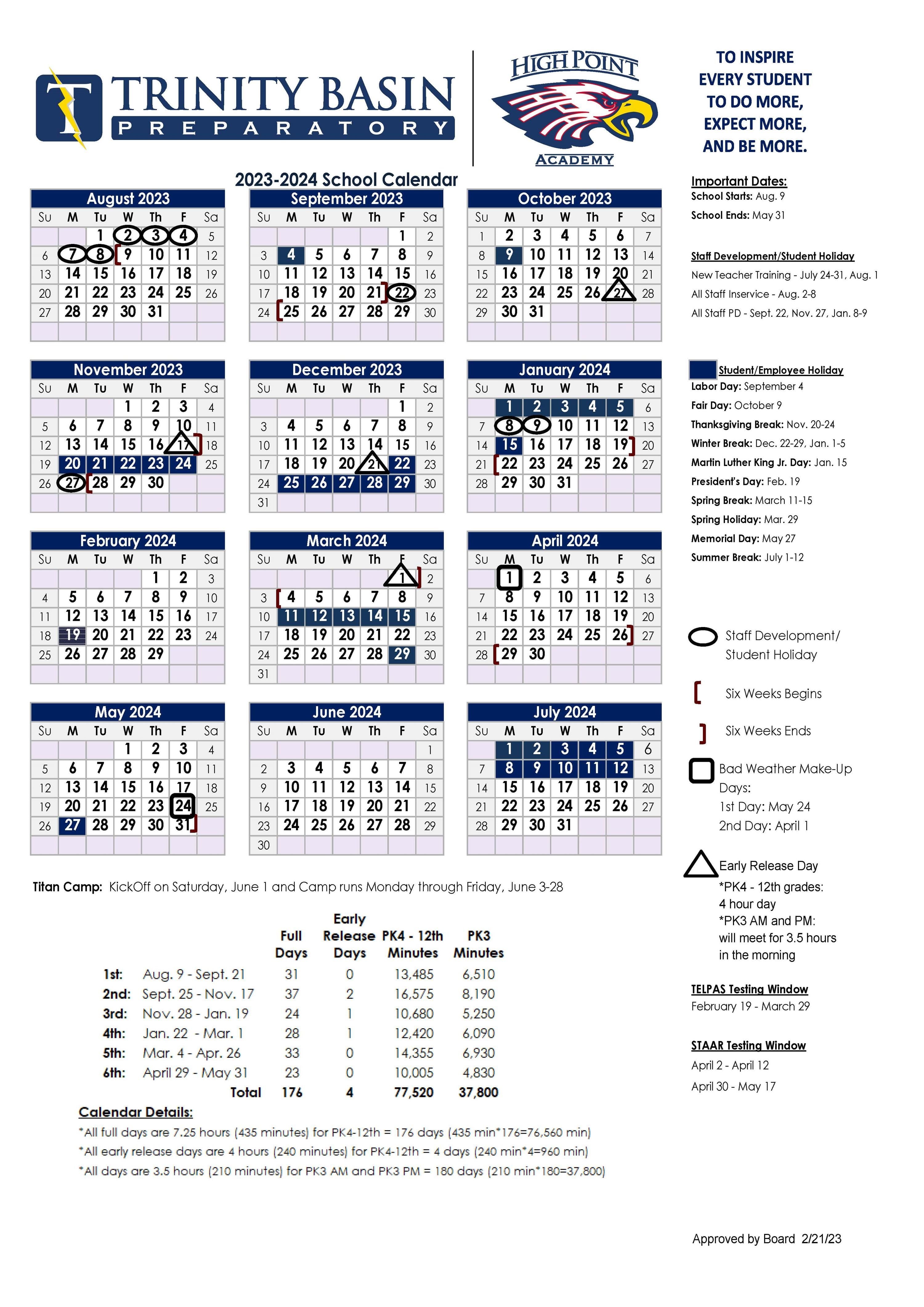 Trinity High School Calendar