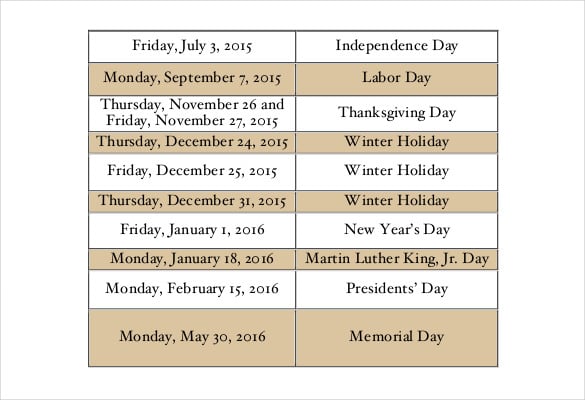 University Holiday Calendar