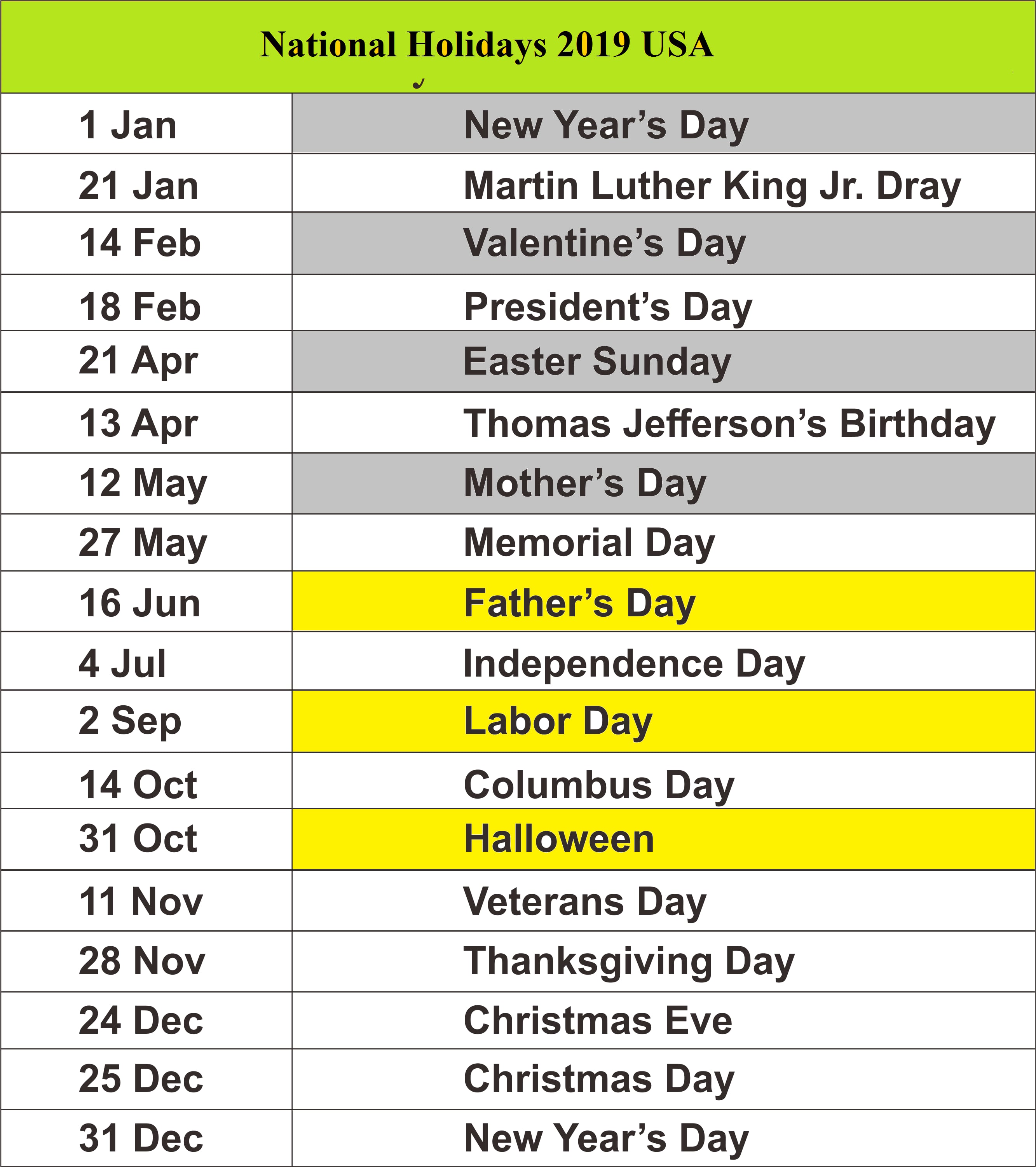 US National Holidays